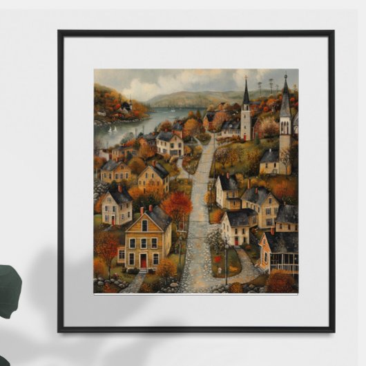 Herfststad Folk Art Oil Painting Poster