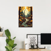 Herfststroom in Bossen Sinaasappel Bruin Groen Poster (Thuiskantoor)