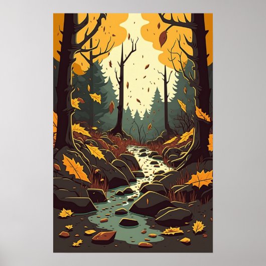 Herfststroom in Bossen Sinaasappel Bruin Groen Poster (Voorkant)