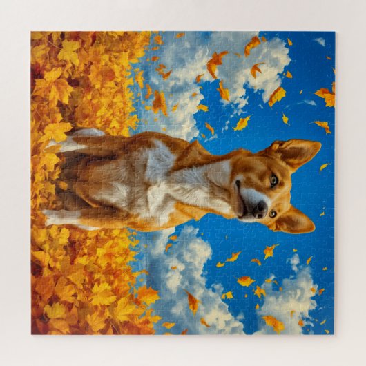 Herfstsymfonie: een hond te midden van vallende bl legpuzzel (Horizontaal)