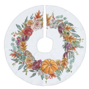 Herfstthema krans met pompoen herfstkleuren nep imitatie linnen kerstboom kleed