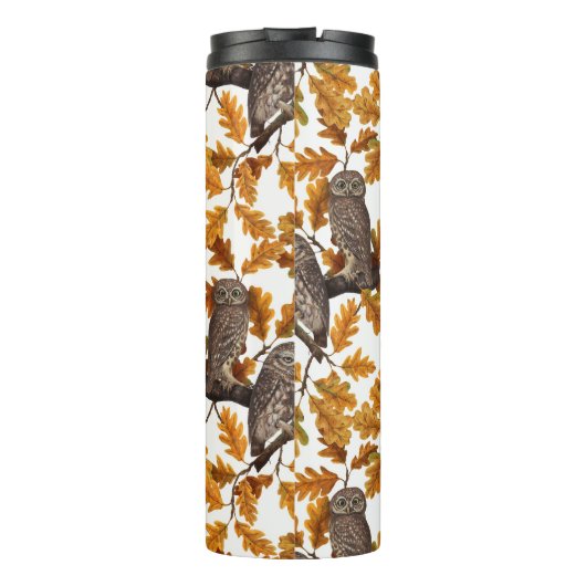 Herfstuilen op katoen wit thermosbeker (Achterkant)