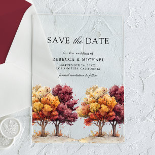 Herfstval Burgundy Bomen Bruiloft Save the Date Acryl Uitnodigingen