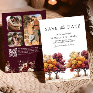 Herfstval Burgundy Bomen QR Code Foto Bruiloft   Save The Date