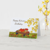 Herfstverjaardag, pompoenen en appels in een wagen kaart (Gele Bloem)