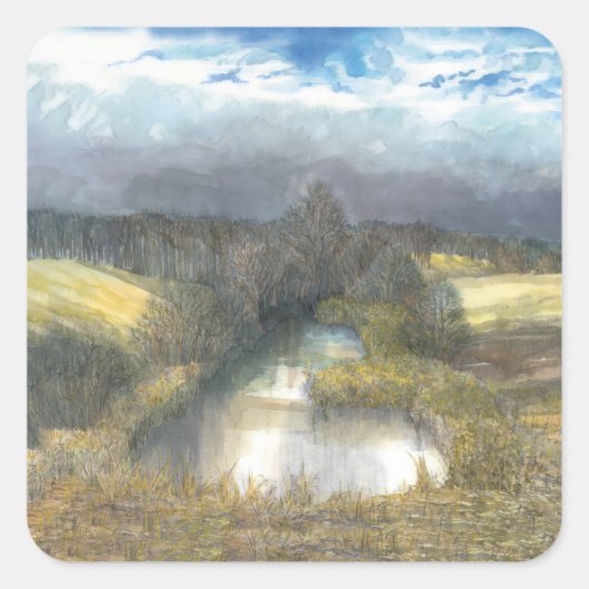herfstvijver vierkante sticker (Voorkant)