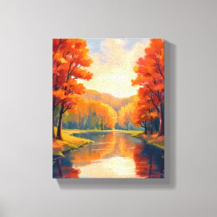 Herfstvijver Waterverf Natuur met Herfstloof Canvas Afdruk