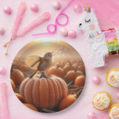 Herfstvogel zingt op een pompoen papieren bordje (Feest)