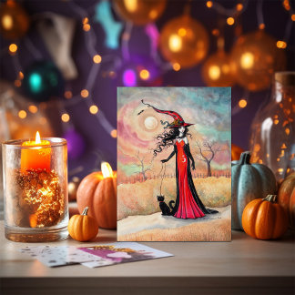 Herfstwandel Halloween Heks en Zwarte Kat Kunst Briefkaart