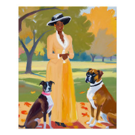 Herfstwandeling: Afro-vrouw met hond in het regent Perfect Poster