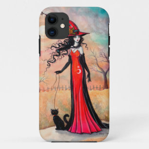 Herfstwandeling Halloween Heks Zwarte Kat Kunst iPhone 11 Hoesje