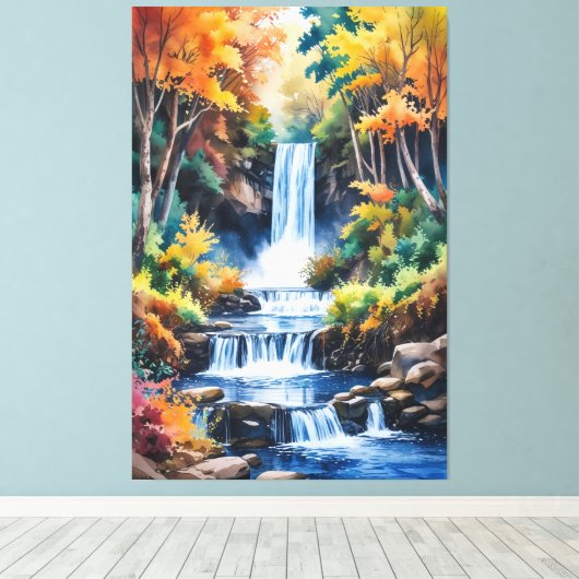 Herfstwaterval Serenity - Waterverf Landschap Canvas Afdruk (Insitu (Houten vloer))