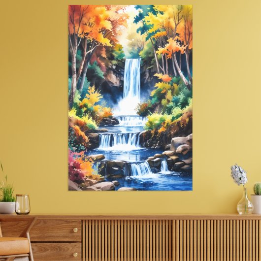 Herfstwaterval Serenity - Waterverf Landschap Canvas Afdruk (Insitu (Woonkamer))