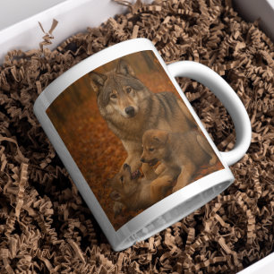 Herfstwolf familie speelse pups in het Herfst bos Koffiemok