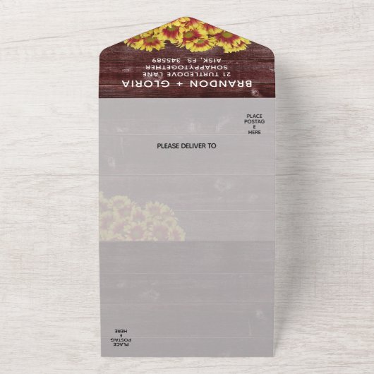 Herfstzonnebloemen op hek bruiloft all in one uitnodiging (Buitenkant)