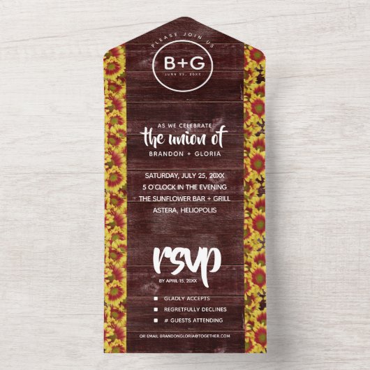 Herfstzonnebloemen op hek bruiloft all in one uitnodiging (Binnen)