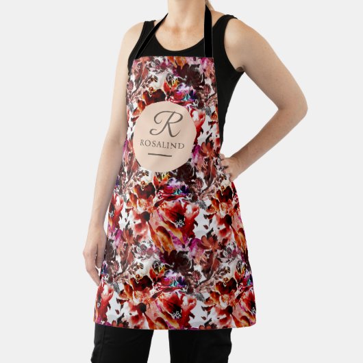 Herhaalde Bourgondische bloemen patroon monogram Schort (Insitu)