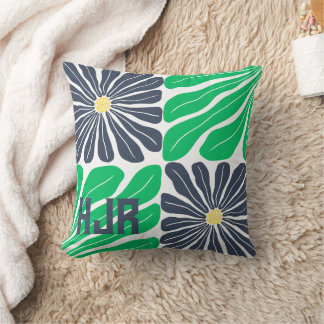 Herhalend bloemenpatroon Groen Blauw Monogram Naam Kussen
