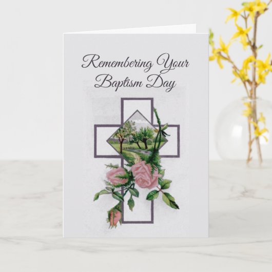 Herinnering aan uw doopdag, kruis en Rozen Kaart (Gele Bloem)