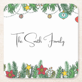 Herinneringen maken rond de kerstboom vierkante kartonnen onderzetter