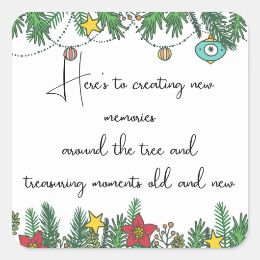 Herinneringen maken rond de kerstboom vierkante sticker (Voorkant)