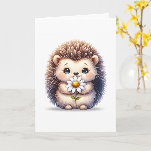 Hérisson mignon avec carte de voeux blanche (Fleur jaune)
