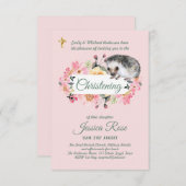 Hérisson rose floral Christening Invitations Baptê (Devant / Derrière)