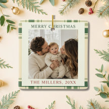 Heritage Green Geruite Familie Foto Kerstmis
