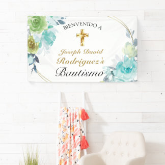 Hermoso Azul Floral Oro Cruz Bautismo Bienvenido Spandoek