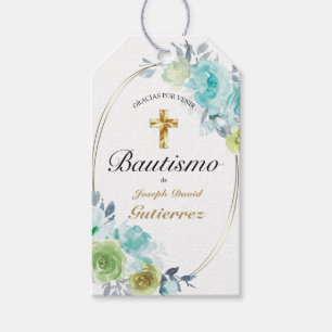 HERMOSO BAUTIZO BEBÉ CRUZADO DE ORO FLORAL AZUL CADEAULABEL