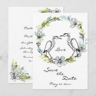 Heron Bird Couple en Flower Wreate Save the Date Kaart