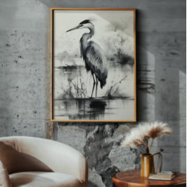 Heron inkt schilderij foto afdruk