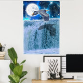 Heron, Moon & Waterfall Fantasy Art Poster (Thuiskantoor)