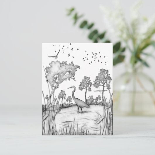 Heron Scene Black en white sketch fractalius Briefkaart (Staand voorkant)