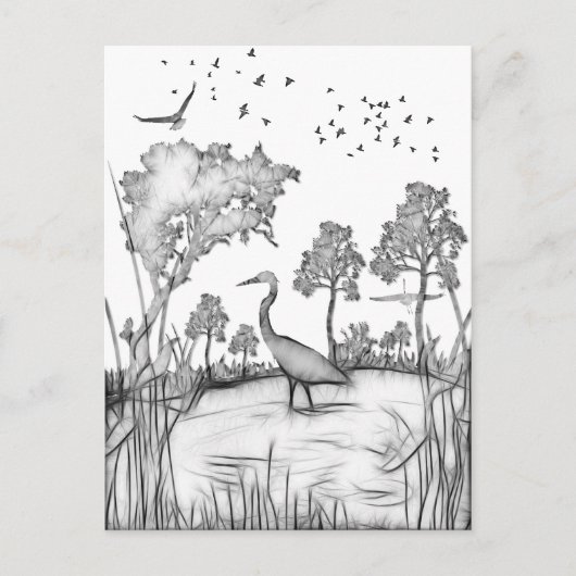 Heron Scene Black en white sketch fractalius Briefkaart (Voorkant)