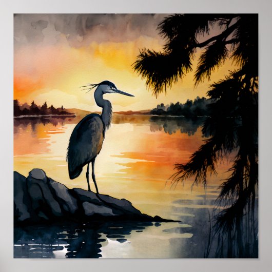 Heron Watching the Sunset Waterverf Poster (Voorkant)