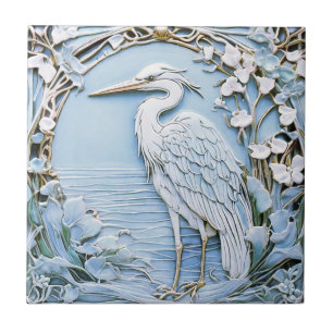 Heron Zee Bird Art Nouveau Faux Relief Links Blauw Tegeltje