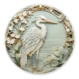 Heron Zee Bird Art Nouveau Faux Relief Right Mint Keramische Knop