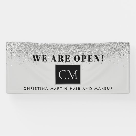 Heropenen Haar en Make-up Zilver Grijs Glitter Spandoek (Horizontaal)