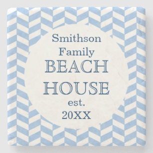 Herringbone Blue White Beach House Custom Stenen Onderzetter