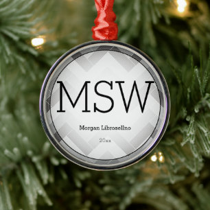 Herringbone Gray Black MSW Afstuderen Naam jaar Metalen Ornament