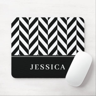 Herringbone Pattern Black & White Custom Name Muismat