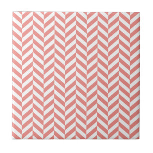 Herringbone Pattern Coral Pink White Tegeltje