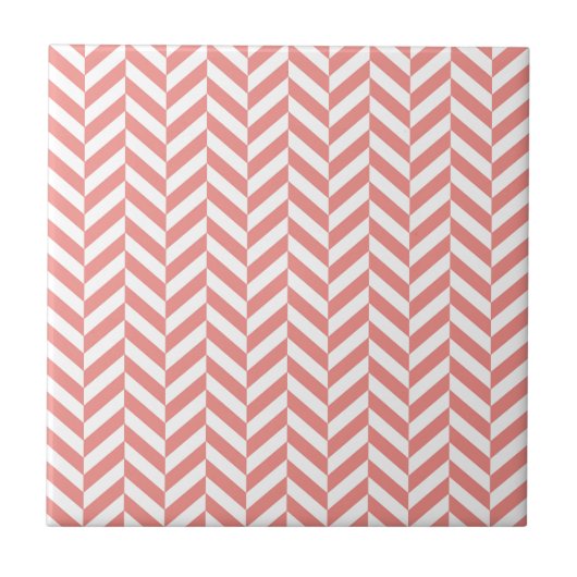 Herringbone Pattern Coral Pink White Tegeltje (Voorkant)