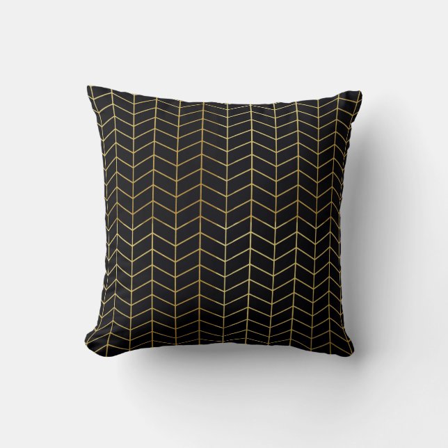 Herringbone Pattern Faux Gold Foil Black Geometric Kussen (Voorkant)