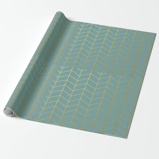 Herringbone Pattern Faux Gold Foil Blauwgroen Geom Cadeaupapier (Uitgerold)