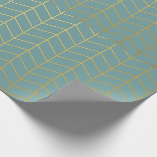 Herringbone Pattern Faux Gold Foil Blauwgroen Geom Cadeaupapier (Hoek)