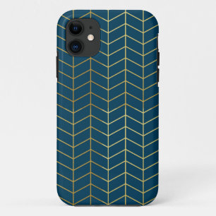Herringbone Pattern Faux Gold Foil Navy Geometric iPhone 11 Hoesje