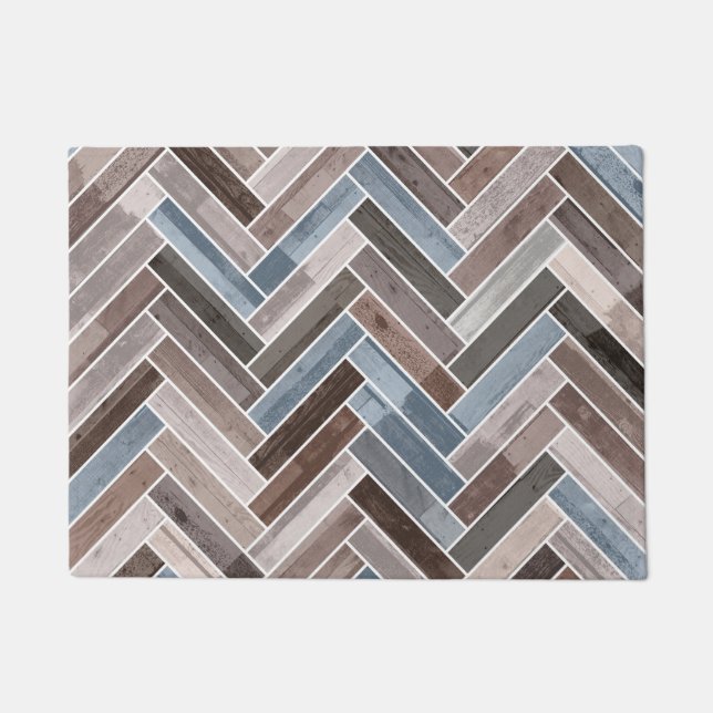 Herringbone Pattern in Blue Brown Grey Deurmat (Voorkant)