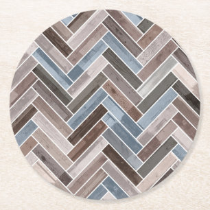 Herringbone Pattern in Blue Brown Grey Ronde Kartonnen Onderzetter